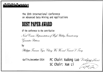 Best paper award – ADMA 2014