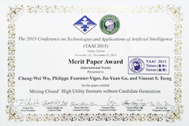 Merit paper award – TAAI 2015