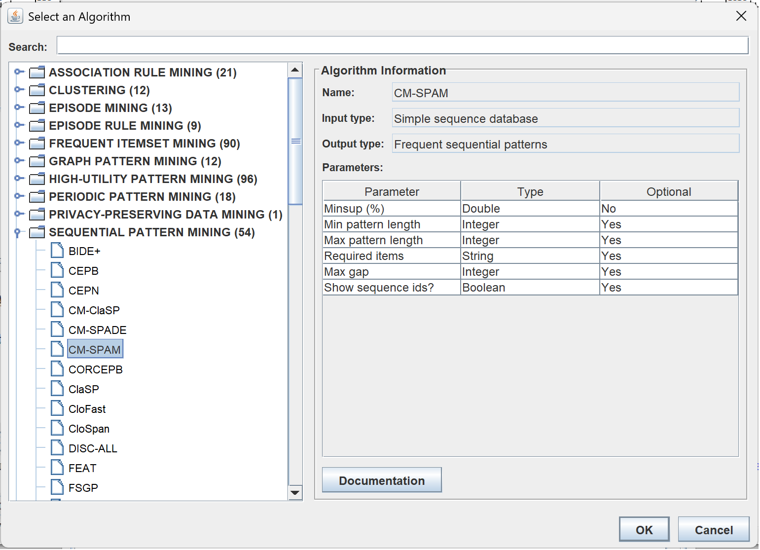 select an algorithm window