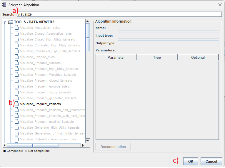 workflow editor select tool to visualize frequent itemsets